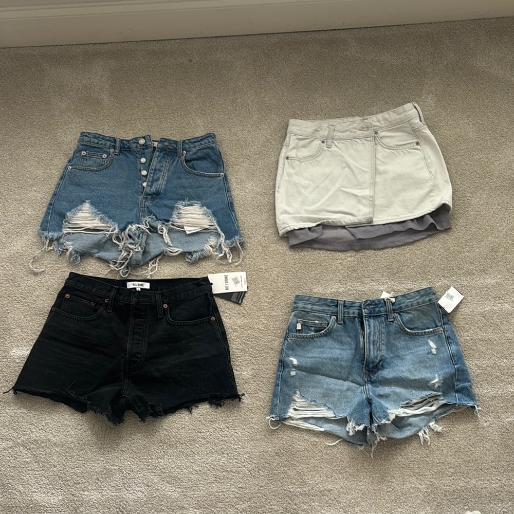 Re/Done Blue and Black Jean Shorts with Frayed Hem and Distressed Style